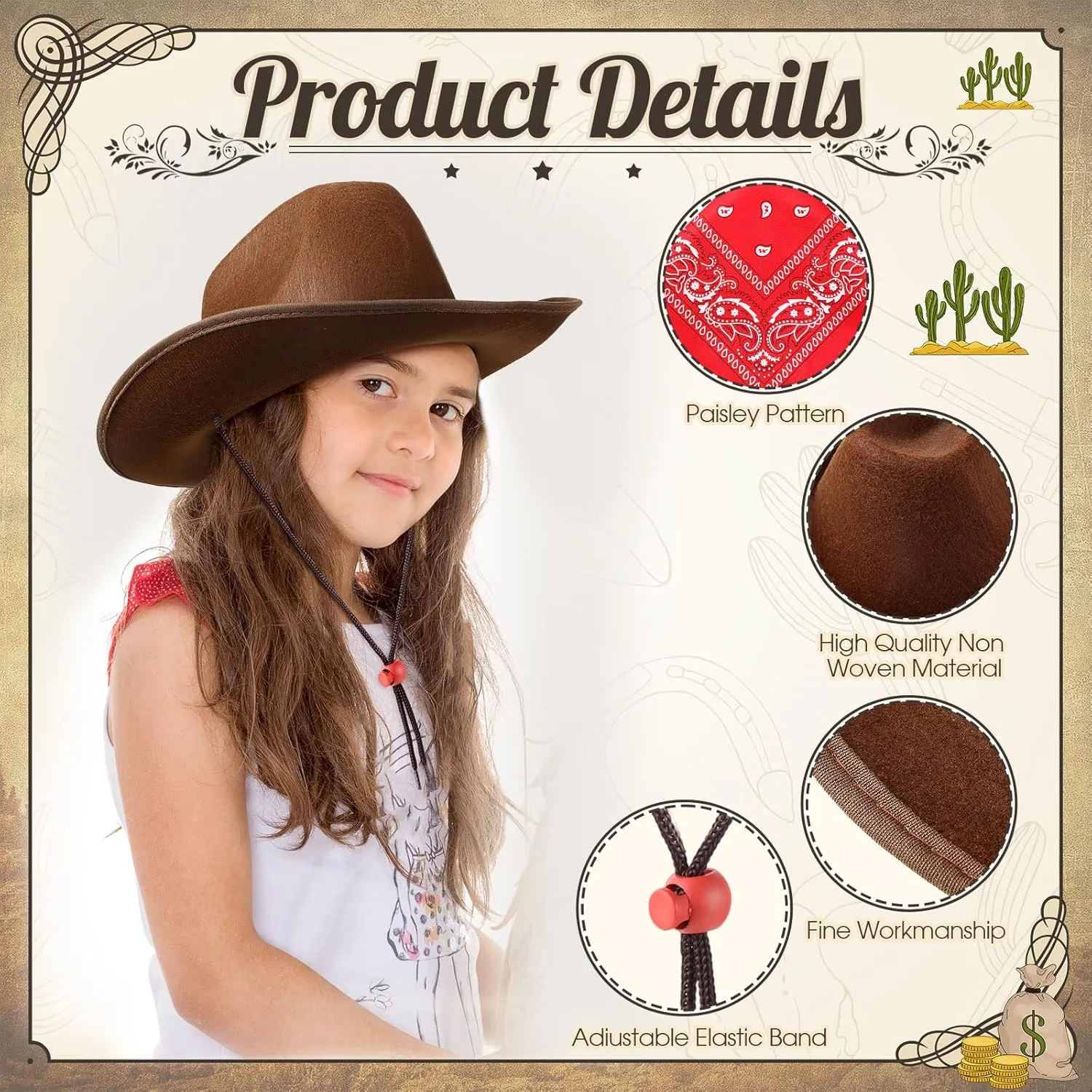 Unittype Kids Western Cowboy Hat Set - 12 Pcs Polyester Cowboy Hats and Bandannas for Cowgirl Cowboy Cosplay