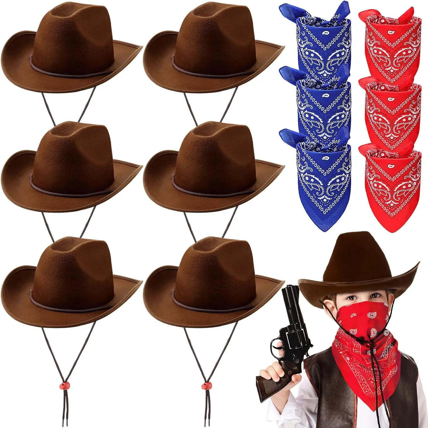 Unittype Kids Western Cowboy Hat Set - 12 Pcs Polyester Cowboy Hats and Bandannas for Cowgirl Cowboy Cosplay