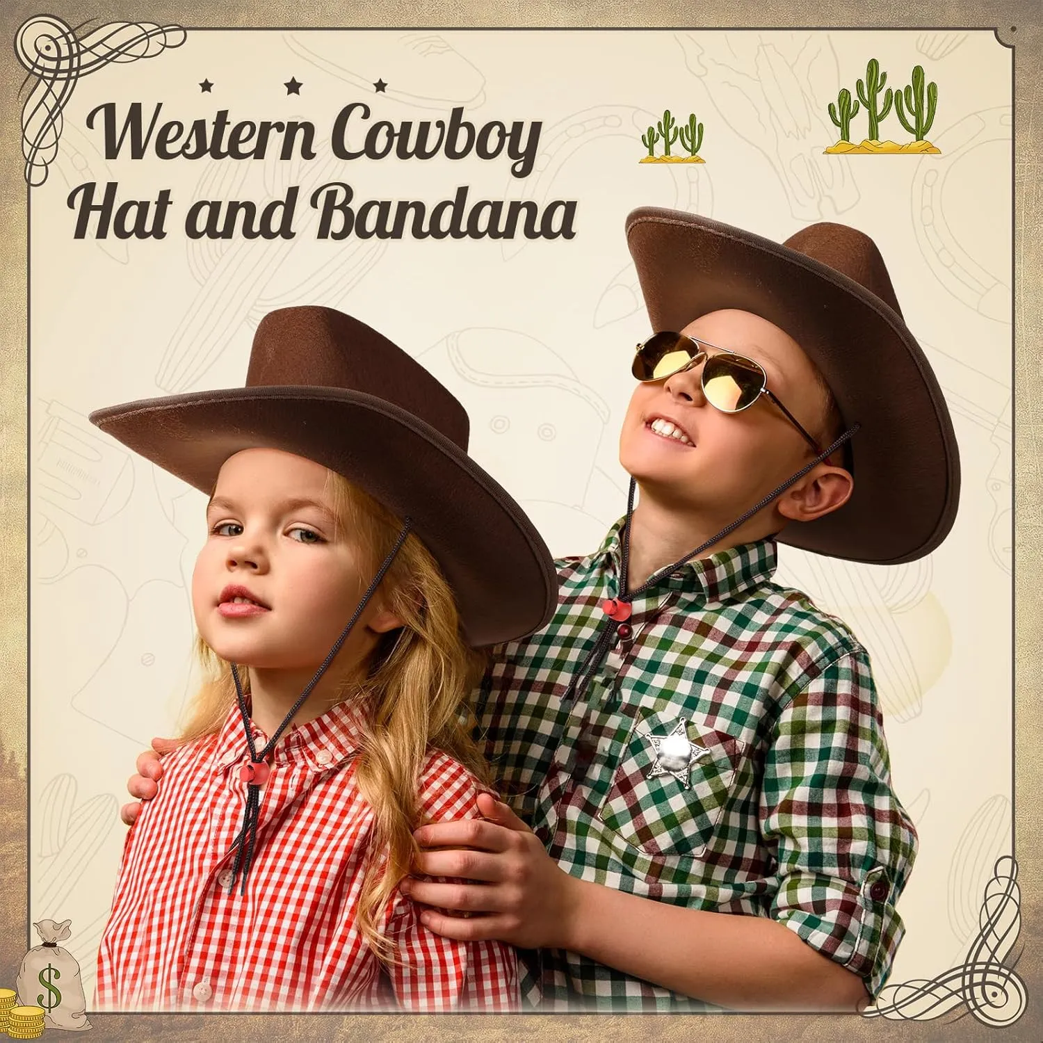 Unittype Kids Western Cowboy Hat Set - 12 Pcs Polyester Cowboy Hats and Bandannas for Cowgirl Cowboy Cosplay