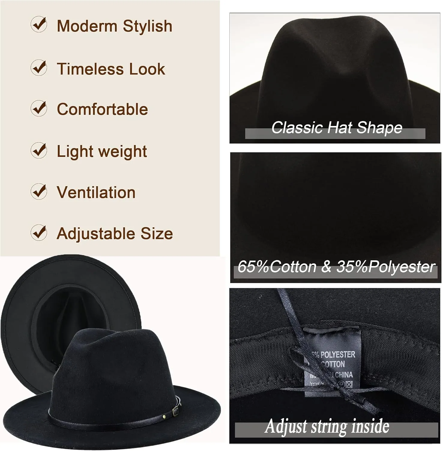 UTOWO Classic Black-Felt-Fedora-Hats-for-Women, Wide-Brim-Wool-Rancher-Panama Jazz Hat with Belt-Buckle(Size:7 1/8~7 1/4)