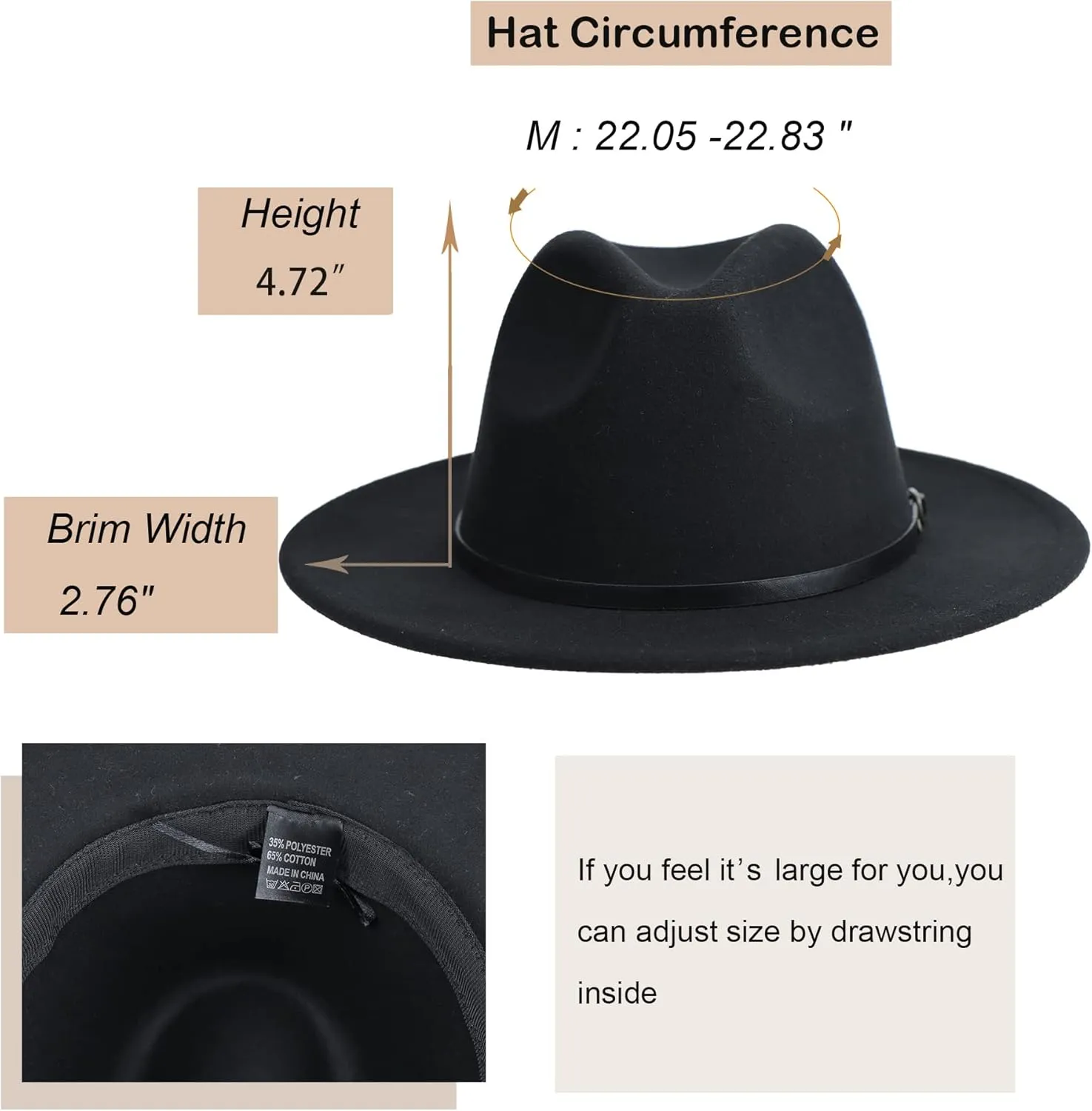 UTOWO Classic Black-Felt-Fedora-Hats-for-Women, Wide-Brim-Wool-Rancher-Panama Jazz Hat with Belt-Buckle(Size:7 1/8~7 1/4)