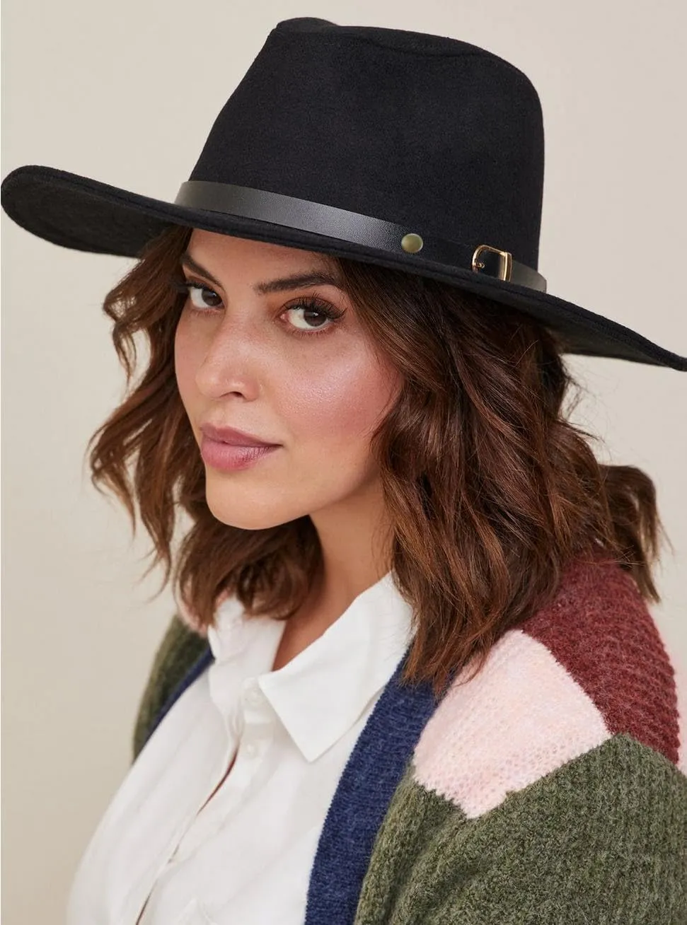 UTOWO Classic Black-Felt-Fedora-Hats-for-Women, Wide-Brim-Wool-Rancher-Panama Jazz Hat with Belt-Buckle(Size:7 1/8~7 1/4)