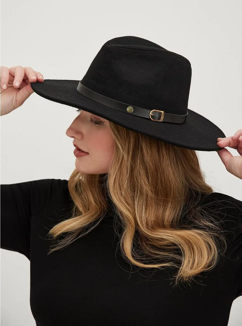UTOWO Classic Black-Felt-Fedora-Hats-for-Women, Wide-Brim-Wool-Rancher-Panama Jazz Hat with Belt-Buckle(Size:7 1/8~7 1/4)