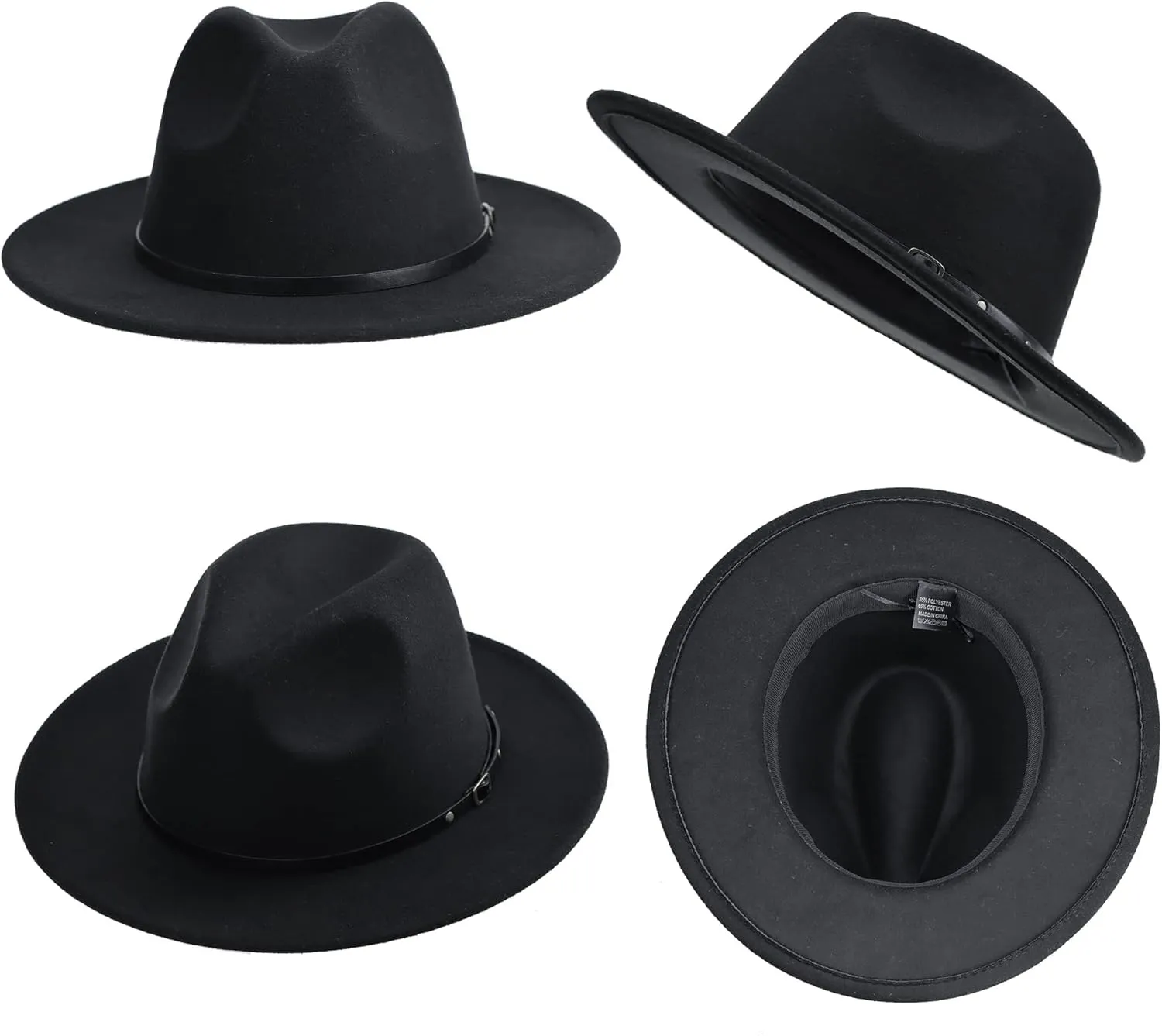 UTOWO Classic Black-Felt-Fedora-Hats-for-Women, Wide-Brim-Wool-Rancher-Panama Jazz Hat with Belt-Buckle(Size:7 1/8~7 1/4)