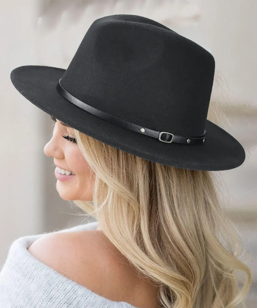 UTOWO Classic Black-Felt-Fedora-Hats-for-Women, Wide-Brim-Wool-Rancher-Panama Jazz Hat with Belt-Buckle(Size:7 1/8~7 1/4)
