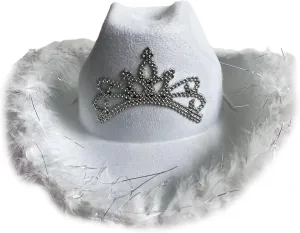 Wedding Party Hat Adult Woman LED Tinsel Brim Hat Fedoras Felt Hat with Rhinestones Decor White