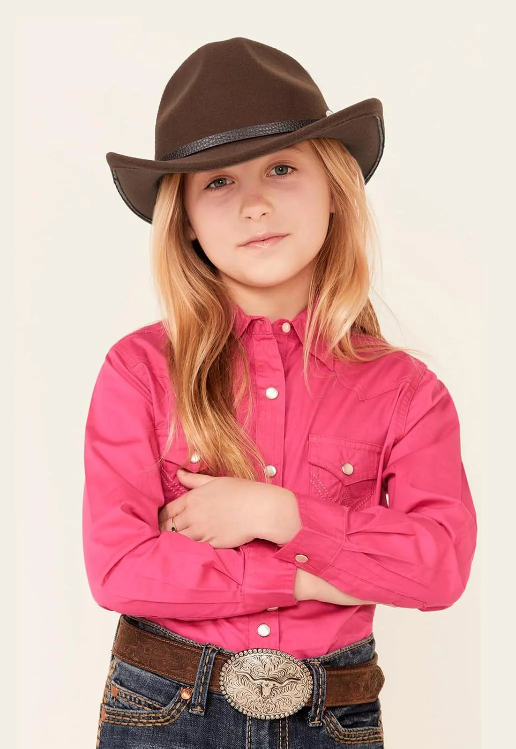 Western Cowboy Cowgirl Hat for Kids - Classic Boys Girls Felt Rodeo Fedora Hat with Belt Buckle (for Kids 4-10 Years)
