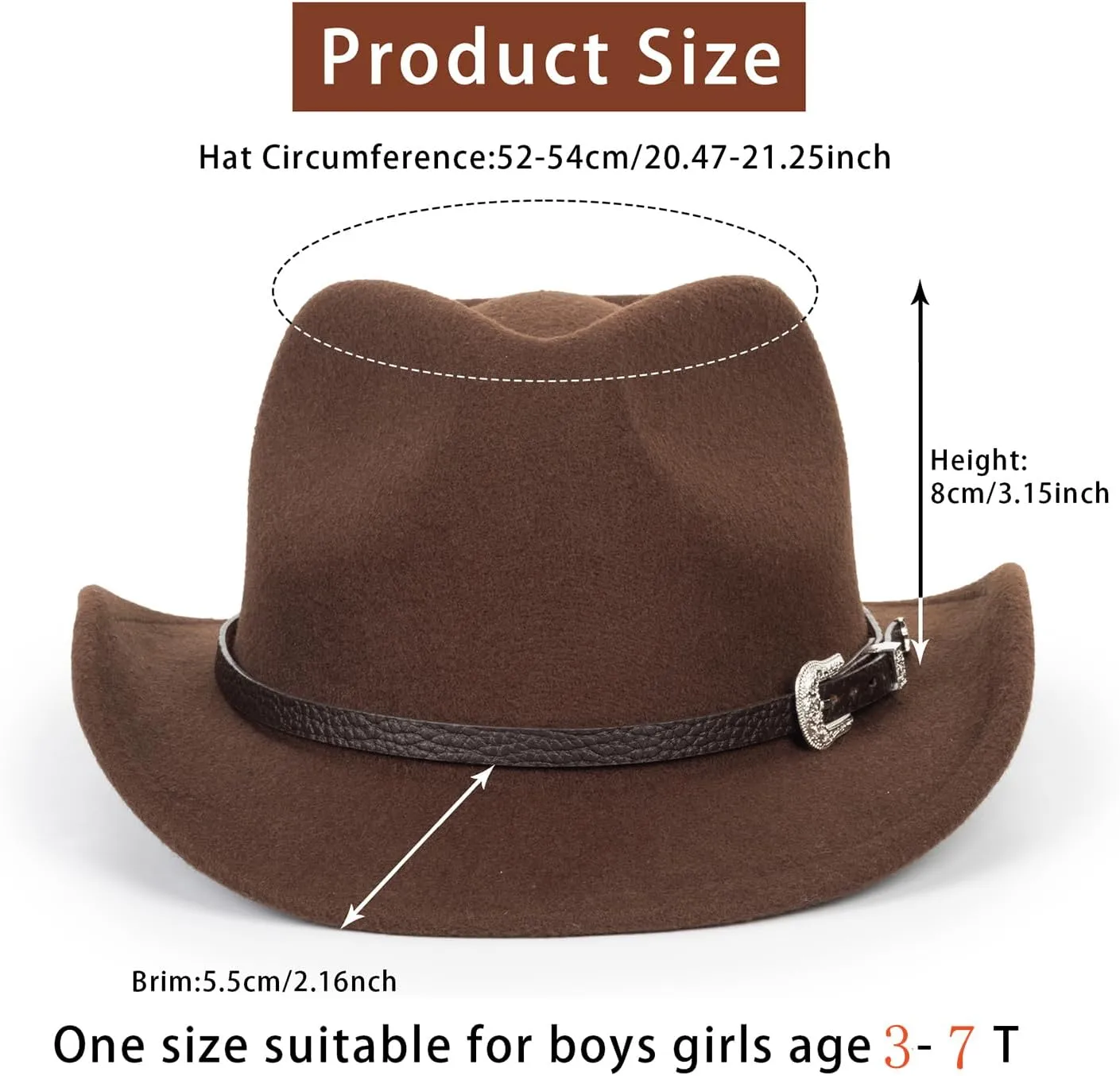 Western Cowboy Cowgirl Hat for Kids - Classic Boys Girls Felt Rodeo Fedora Hat with Belt Buckle (for Kids 4-10 Years)