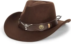Western Wide-Brim Cowboy-Hat for Kids Girls Boys Classic Felt Fedora Cowgirl Bull Head Band Hat for 2-6 Years