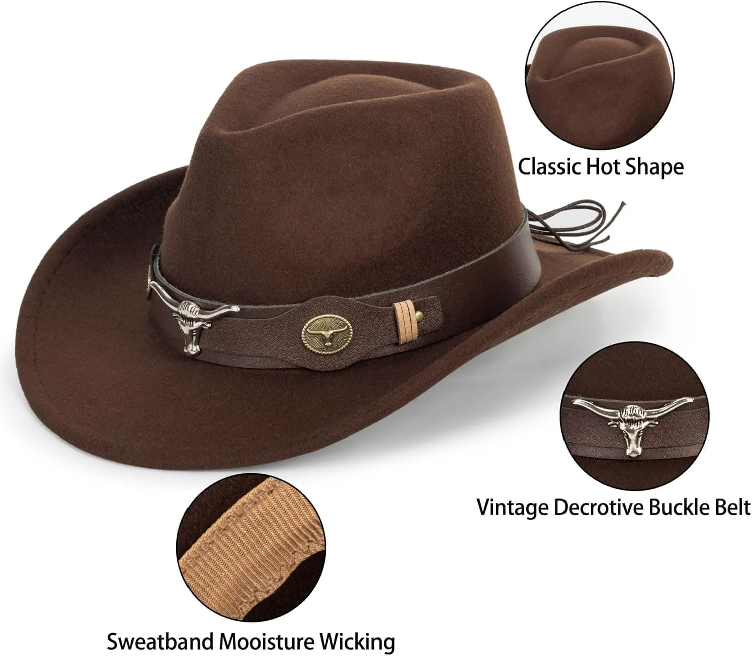 Western Wide-Brim Cowboy-Hat for Kids Girls Boys Classic Felt Fedora Cowgirl Bull Head Band Hat for 2-6 Years