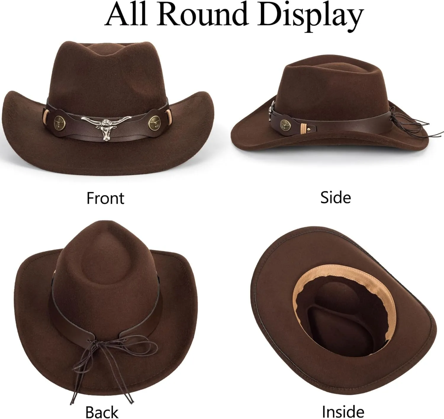 Western Wide-Brim Cowboy-Hat for Kids Girls Boys Classic Felt Fedora Cowgirl Bull Head Band Hat for 2-6 Years