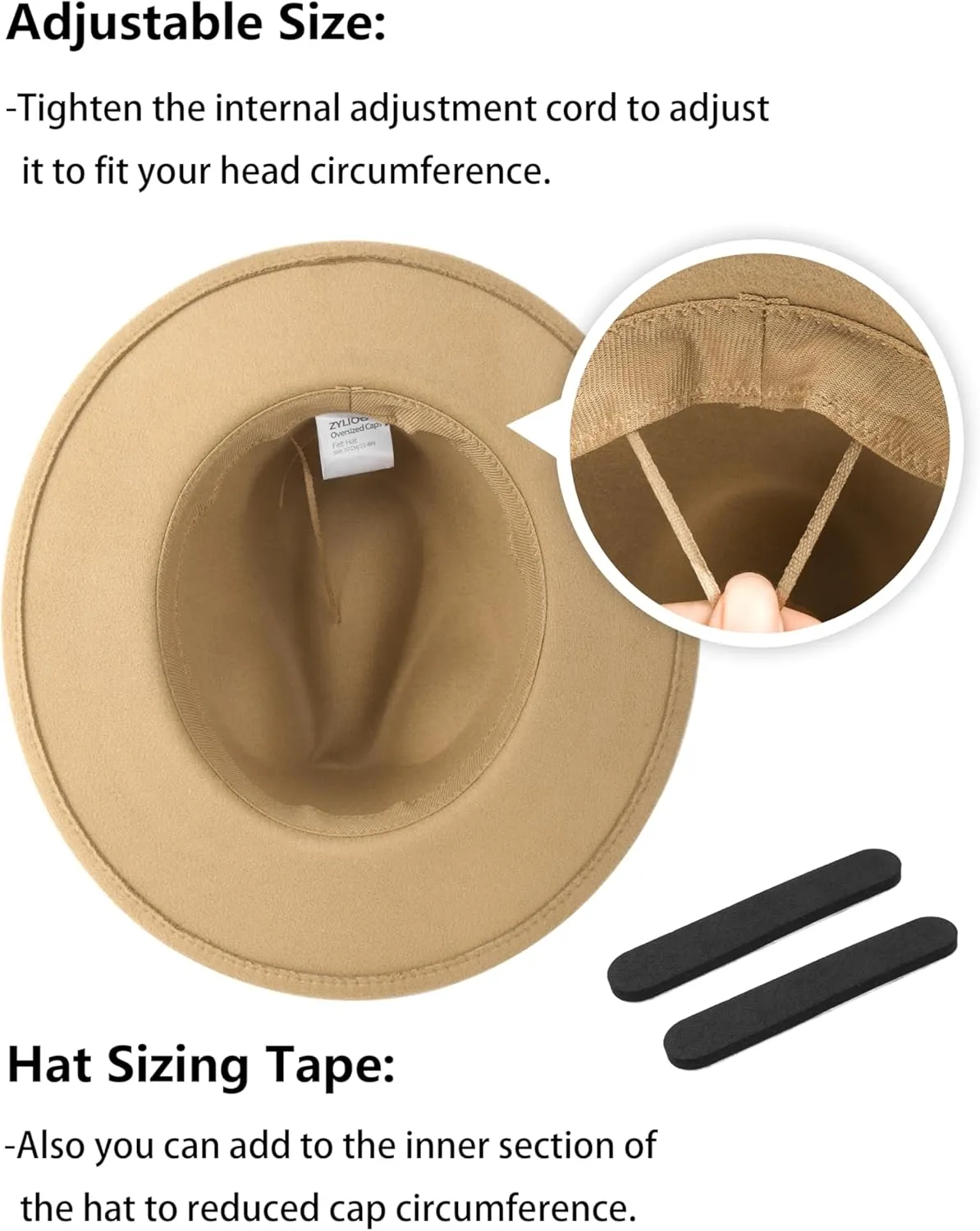 Zylioo 2XL/XL/L Felt Fedora Hats,M/S/XS Wide Brim Dress Hat,Plus Size Warm Panama Hat,Large Brim Jazz Hat for Women Men